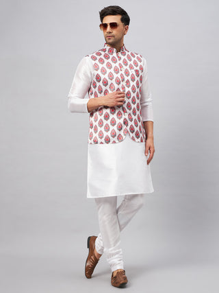 VM BY VASTRAMAY Men's Multicolor Printed Ethnic Jacket With White Cotton Blend Kurta and Pyjama Set