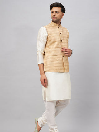 VM BY VASTRAMAY Men's Beige Matka Silk Nehru Jacket With Cream Silk Blend Kurta Pyjama Set