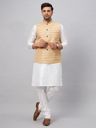 VM BY VASTRAMAY Men's Beige Matka Silk Nehru Jacket With White Silk Blend Kurta Pyjama Set