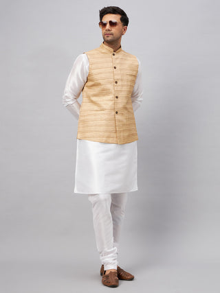 VM BY VASTRAMAY Men's Beige Matka Silk Nehru Jacket With White Silk Blend Kurta Pyjama Set