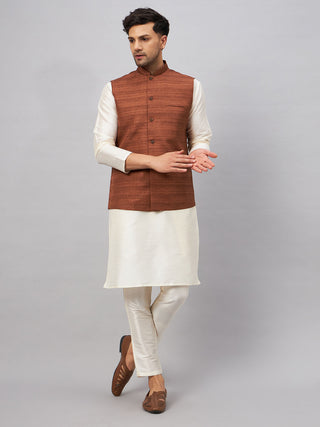 VM BY Vastramay Men's Coffee Jacket With Cream Kurta And Pant Set