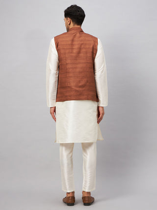 VM BY Vastramay Men's Coffee Jacket With Cream Kurta And Pant Set