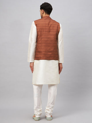 VM BY VASTRAMAY Men's Coffee Matka Silk Nehru Jacket With Cream Silk Blend Kurta Pyjama Set