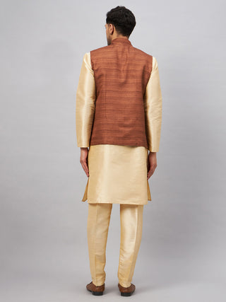 VM BY VASTRAMAY Men's Coffee Jacket With Gold Kurta And Pant Set