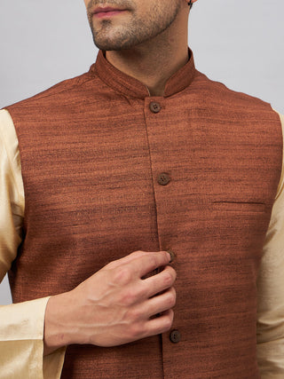 VM BY VASTRAMAY Men's Coffee Jacket With Gold Kurta And Pant Set
