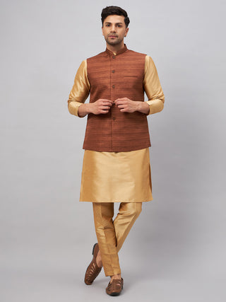 VM BY VASTRAMAY Men's Coffee Jacket With Rose Gold Kurta And Pant Set