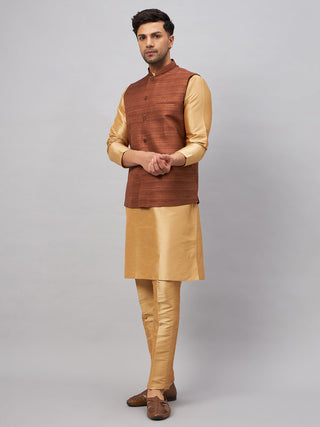 VM BY VASTRAMAY Men's Coffee Jacket With Rose Gold Kurta And Pant Set