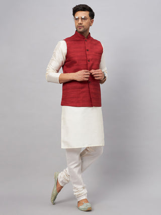 VM BY VASTRAMAY Men's Maroon Matka Silk Nehru Jacket With Cream Silk Blend Kurta Pyjama Set