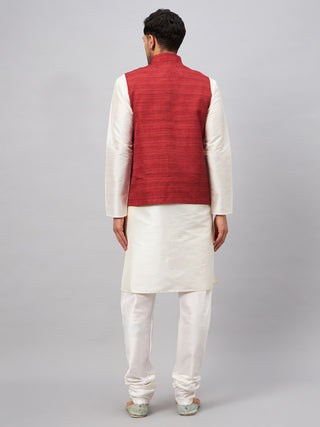 VM BY VASTRAMAY Men's Maroon Matka Silk Nehru Jacket With Cream Silk Blend Kurta Pyjama Set