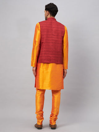 VM BY VASTRAMAY Men's Maroon Jacket With Orange Kurta And Pyjama Set