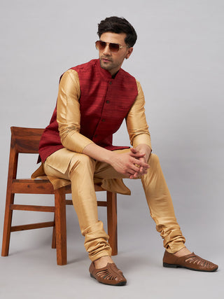 VM BY VASTRAMAY Men's Maroon Jacket With Rose Gold Kurta And Pyjama Set