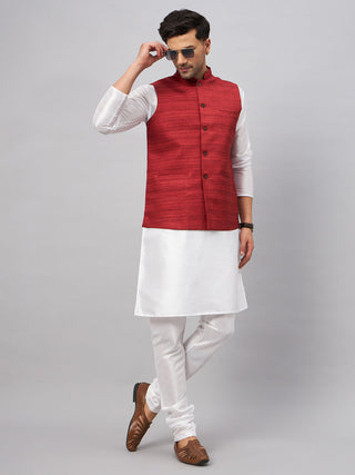VM BY VASTRAMAY Men's Maroon Matka Silk Nehru Jacket With White Silk Blend Kurta Pyjama Set
