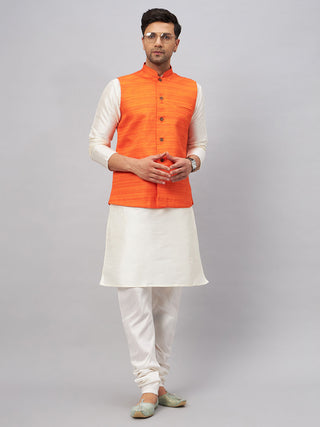 VM BY VASTRAMAY Men's Orange Matka Silk Nehru Jacket With Cream Silk Blend Kurta Pyjama Set