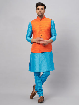 VM BY VASTRAMAY Men's Orange Matka Silk Nehru Jacket With Aqua Blue Silk Blend Kurta and Pyjama Set