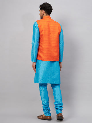 VM BY VASTRAMAY Men's Orange Matka Silk Nehru Jacket With Aqua Blue Silk Blend Kurta and Pyjama Set