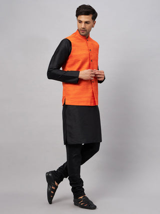 VM By VASTRAMAY Men's Orange Jacket With Black Solid Silk Blend Kurta and Pyjama Set