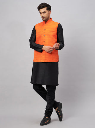 VM By VASTRAMAY Men's Orange Jacket With Black Solid Silk Blend Kurta and Pyjama Set