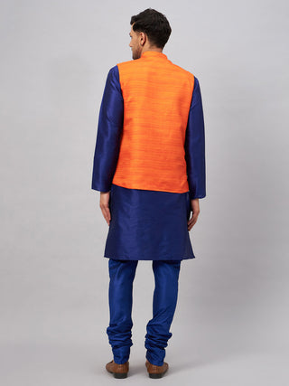 VM By VASTRAMAY Men's Orange Jacket With Blue Solid Silk Blend Kurta and Pyjama Set