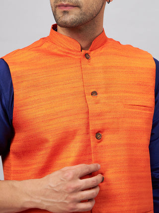 VM By VASTRAMAY Men's Orange Jacket With Blue Solid Silk Blend Kurta and Pyjama Set