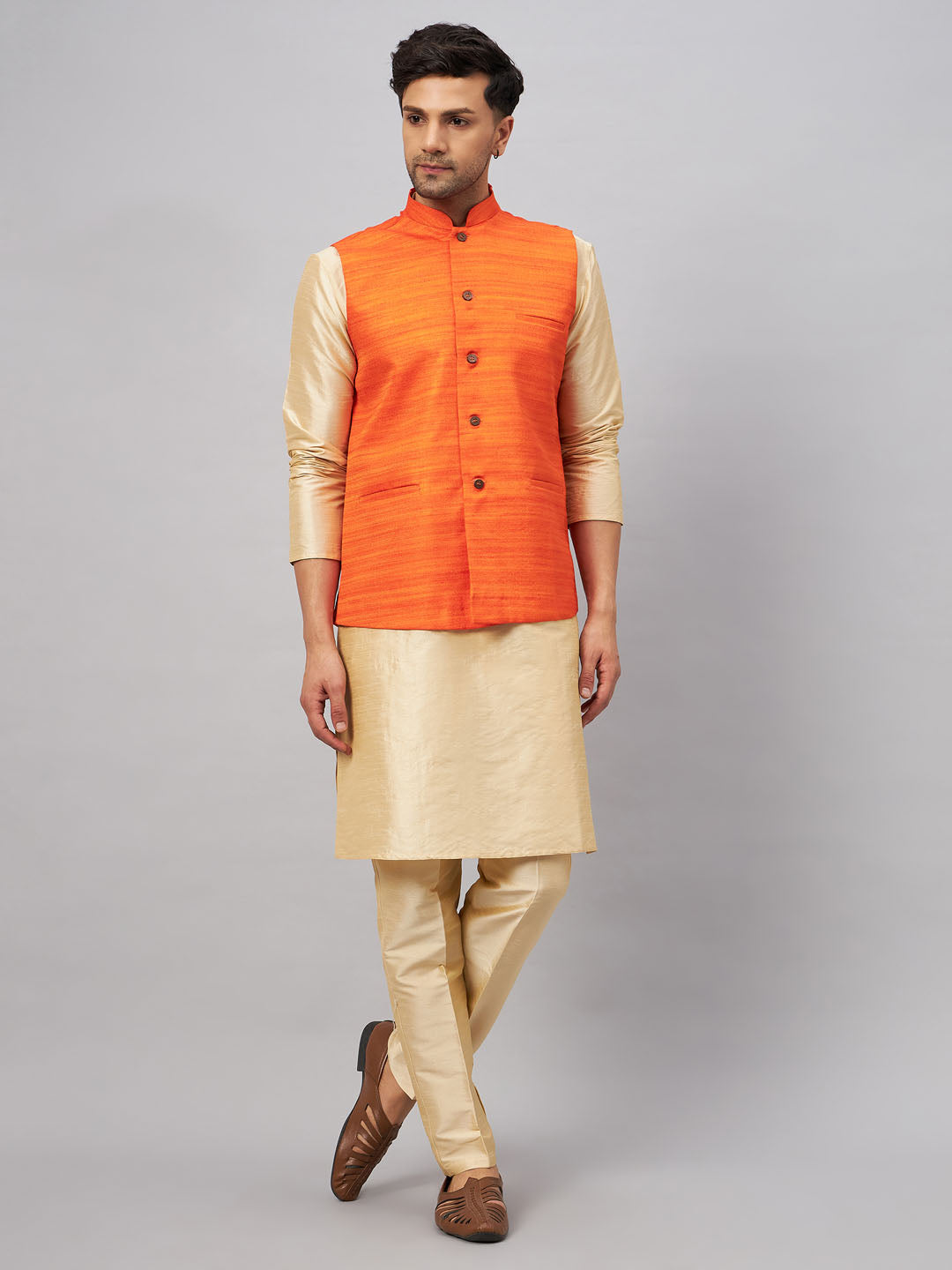 Men's Orange Matka Silk Nehru Jacket With Gold Silk Blend Kurta And Pant Style Pyjama Set