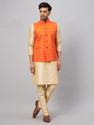 VM BY VASTRAMAY Men's Orange Matka Silk Nehru Jacket With Gold Silk Blend Kurta and Pant style Pyjama Set