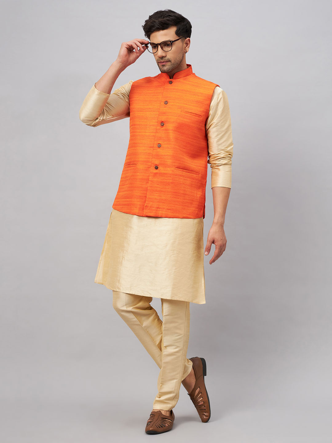 Men's Orange Matka Silk Nehru Jacket With Gold Silk Blend Kurta And Pant Style Pyjama Set