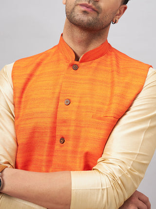 VM BY VASTRAMAY Men's Orange Jacket With Gold Kurta And Pyjama Set