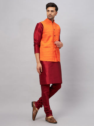 VM BY VASTRAMAY Men's Orange Matka Silk Nehru Jacket With Maroon Silk Blend Kurta Pyjama Set