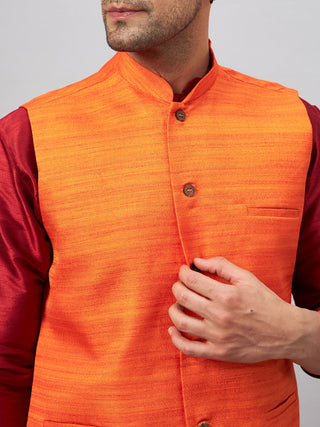 VM BY VASTRAMAY Men's Orange Matka Silk Nehru Jacket With Maroon Silk Blend Kurta Pyjama Set