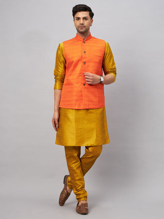 VM BY VASTRAMAY Men's Orange Jacket With Mustard Kurta And Pyjama Set