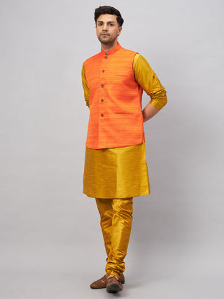 VM BY VASTRAMAY Men's Orange Jacket With Mustard Kurta And Pyjama Set