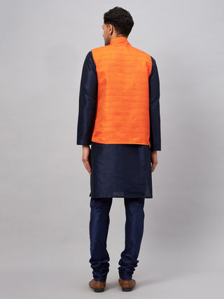 VM BY VASTRAMAY Men's Orange Jacket With Navy Blue Kurta And Pyjama Set