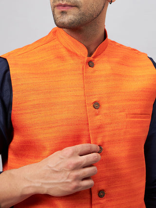 VM BY VASTRAMAY Men's Orange Jacket With Navy Blue Kurta And Pyjama Set