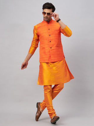 VM BY VASTRAMAY Men's Orange Jacket With Kurta And Pyjama Set