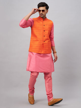 VM BY VASTRAMAY Men's Orange Jacket With Pink Kurta And Pyjama Set