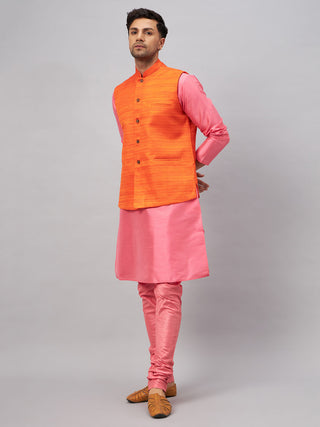 VM BY VASTRAMAY Men's Orange Jacket With Pink Kurta And Pyjama Set