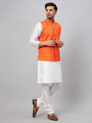 VM BY VASTRAMAY Men's Orange Matka Silk Nehru Jacket With White Silk Blend Kurta Pyjama Set