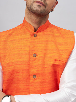 VM BY VASTRAMAY Men's Orange Matka Silk Nehru Jacket With White Silk Blend Kurta Pyjama Set