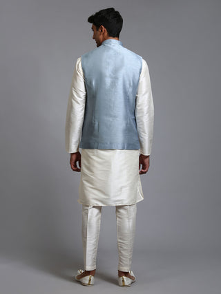 VM BY VASTRAMAY Men's Grey Embellished Jacket with Cream Kurta Pant Set