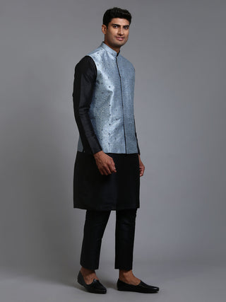 VM BY VASTRAMAY Men's Grey Embellished Jacket with Black Kurta Pant Set