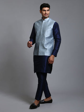 VM BY VASTRAMAY Men's Grey Embellished Jacket with Navy Blue Kurta Pant Set