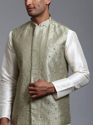 VM BY VASTRAMAY Men's Mehndi Green Embellished Jacket with Cream Kurta Pant Set