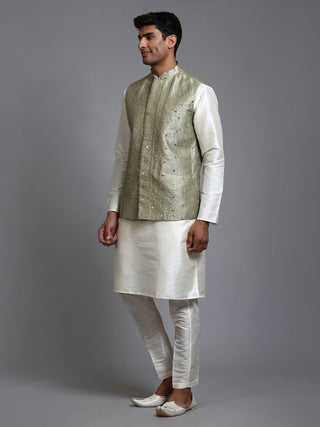 VM BY VASTRAMAY Men's Mehndi Green Embellished Jacket with Cream Kurta Pant Set