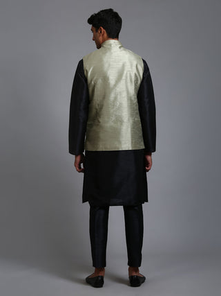 VM BY VASTRAMAY Men's Mehndi Green Embellished Jacket with Black Kurta Pant Set