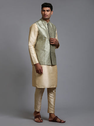 VM BY VASTRAMAY Men's Mehndi Green Embellished Jacket with Gold Kurta Pant Set