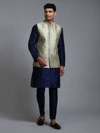 VM BY VASTRAMAY Men's Mehndi Green Embellished Jacket with Navy Blue Kurta Pant Set