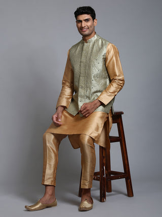VM BY VASTRAMAY Men's Mehndi Green Embellished Jacket with Rose Gold Kurta Pant Set