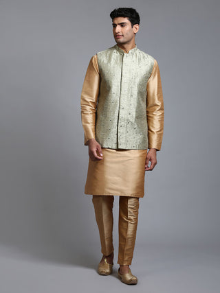 VM BY VASTRAMAY Men's Mehndi Green Embellished Jacket with Rose Gold Kurta Pant Set