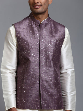 VM BY VASTRAMAY Men's Purple Embellished Jacket with Cream Kurta Pant Set