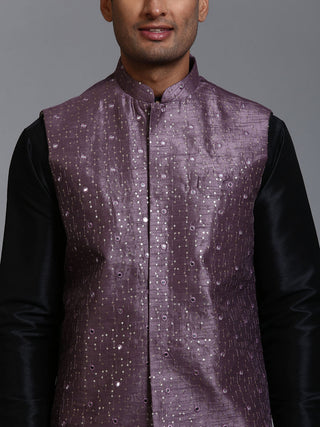 VM BY VASTRAMAY Men's Purple Embellished Jacket with Black Kurta Pant Set